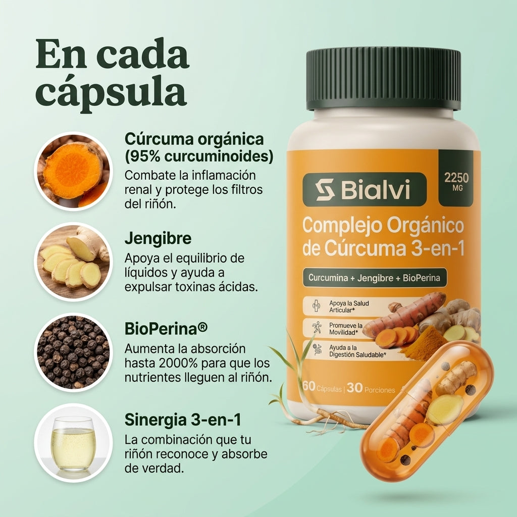 Complejo Renal de Cúrcuma 3 en 1: Limpia tus Filtros y Calma la Urgencia