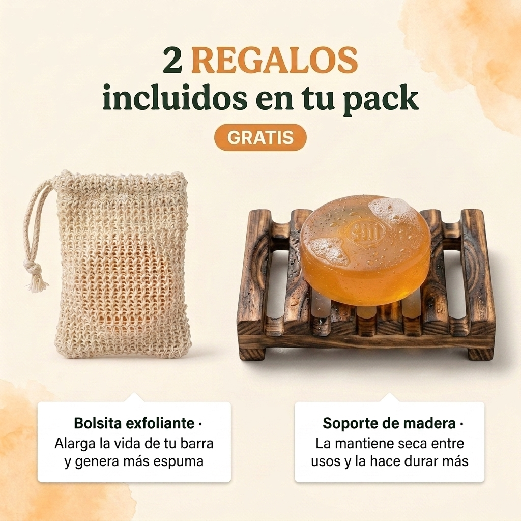 2 regalos incluidos: bolsita exfoliante y soporte de madera